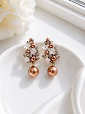 Vintage-Inspired Pearl & Crystal Floral Drop  Champagne Gold Statement Earrings